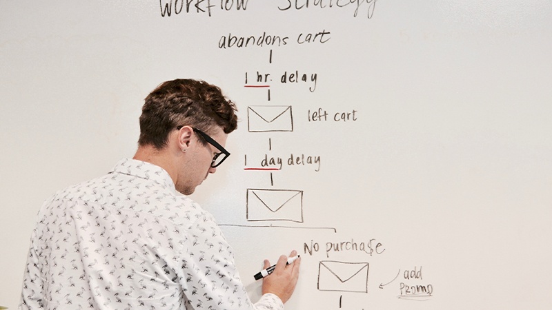 man with whiteboard email marketing strategy